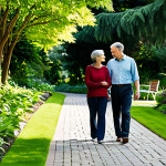 A professional female therapist and her adult male client, both fully clothed in modest, comfortable outdoor attire. They are gently walking on a paved path through a lush, sun-dappled botanical garden. Tall green trees and vibrant, well-maintained plants surround them. They are engaged in a calm, professional conversation, with natural body language. The scene is peaceful and serene, conveying a sense of tranquility and open communication. Professional photography, high resolution, soft natural lighting, perfect anatomy, correct proportions, well-formed hands, natural body proportions, safe for work, appropriate content, fully clothed, professional.