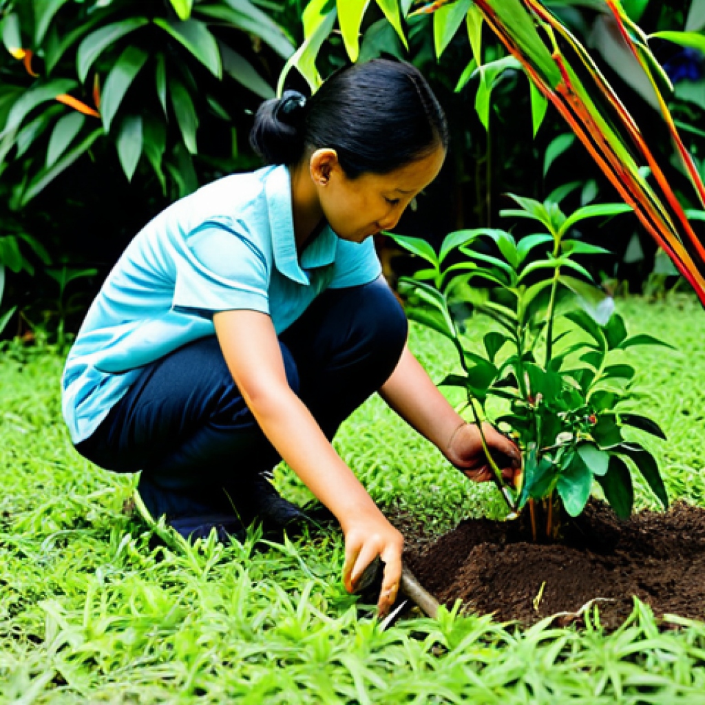 **
"A family-friendly scene in Taman Eko-Rimba Kuala Lumpur, Malaysia. A fully clothed mother and child are carefully planting a young tree sapling. The scene should emphasize environmental responsibility and family bonding. Include lush greenery, dappled sunlight, and safe for work atmosphere. Professional photography, perfect anatomy, modest attire, appropriate content."
**