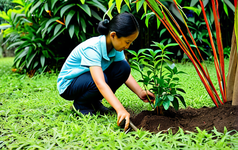 **
"A family-friendly scene in Taman Eko-Rimba Kuala Lumpur, Malaysia. A fully clothed mother and child are carefully planting a young tree sapling. The scene should emphasize environmental responsibility and family bonding. Include lush greenery, dappled sunlight, and safe for work atmosphere. Professional photography, perfect anatomy, modest attire, appropriate content."
**