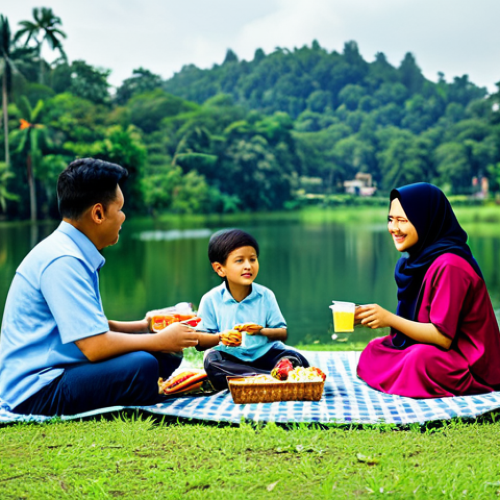 ** A Malaysian family having a picnic in Taman Tasik Perdana, Kuala Lumpur. They are fully clothed in modest attire, enjoying local snacks and drinks. The background shows lush greenery and the lake. safe for work, appropriate content, professional photography, perfect anatomy, natural proportions, family-friendly.
**