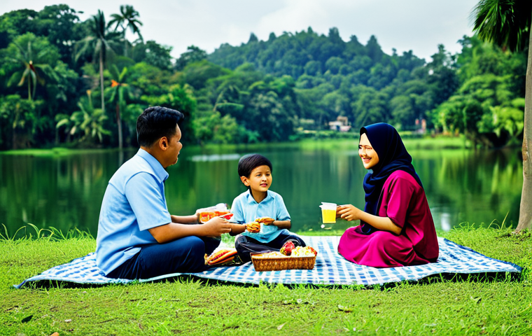** A Malaysian family having a picnic in Taman Tasik Perdana, Kuala Lumpur. They are fully clothed in modest attire, enjoying local snacks and drinks. The background shows lush greenery and the lake. safe for work, appropriate content, professional photography, perfect anatomy, natural proportions, family-friendly.
**