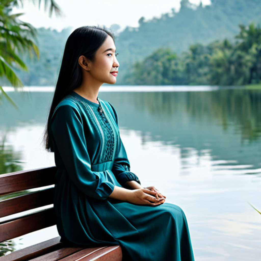 아웃도어 테라피와 소통의 중요성 - Tranquil Lakeside Scene**
A woman in a modest, long-sleeved dress, sitting peacefully on a wooden b...