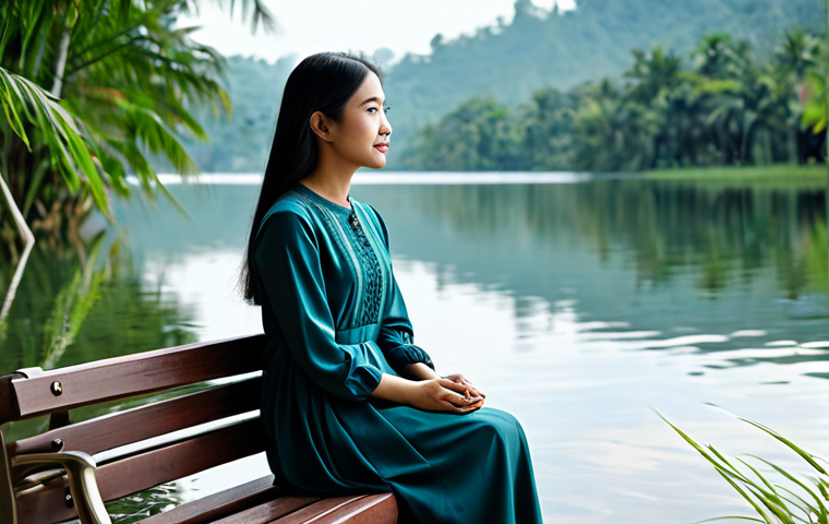 아웃도어 테라피와 소통의 중요성 - Tranquil Lakeside Scene**
A woman in a modest, long-sleeved dress, sitting peacefully on a wooden b...