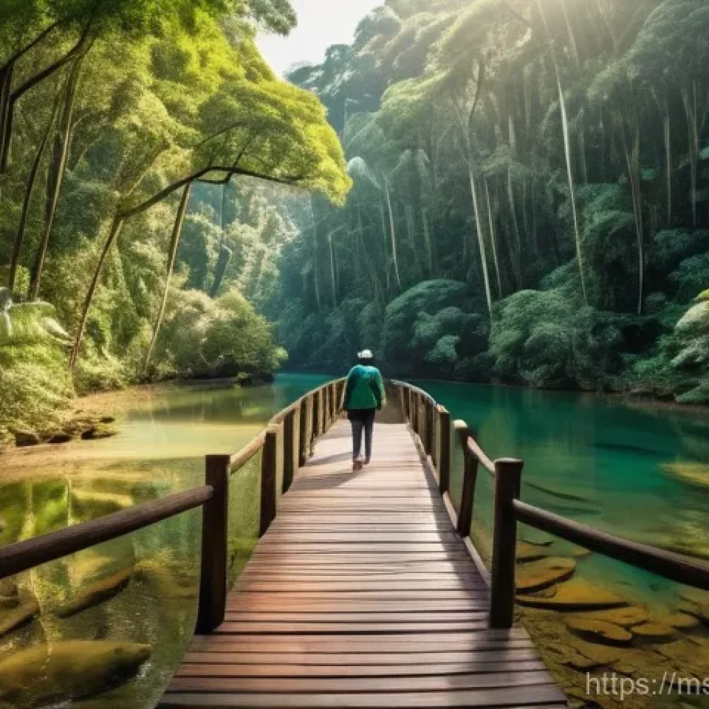 아웃도어 테라피의 지속 가능한 실천 - A serene and breathtaking view of a well-preserved Malaysian rainforest, with lush, vibrant green fo...