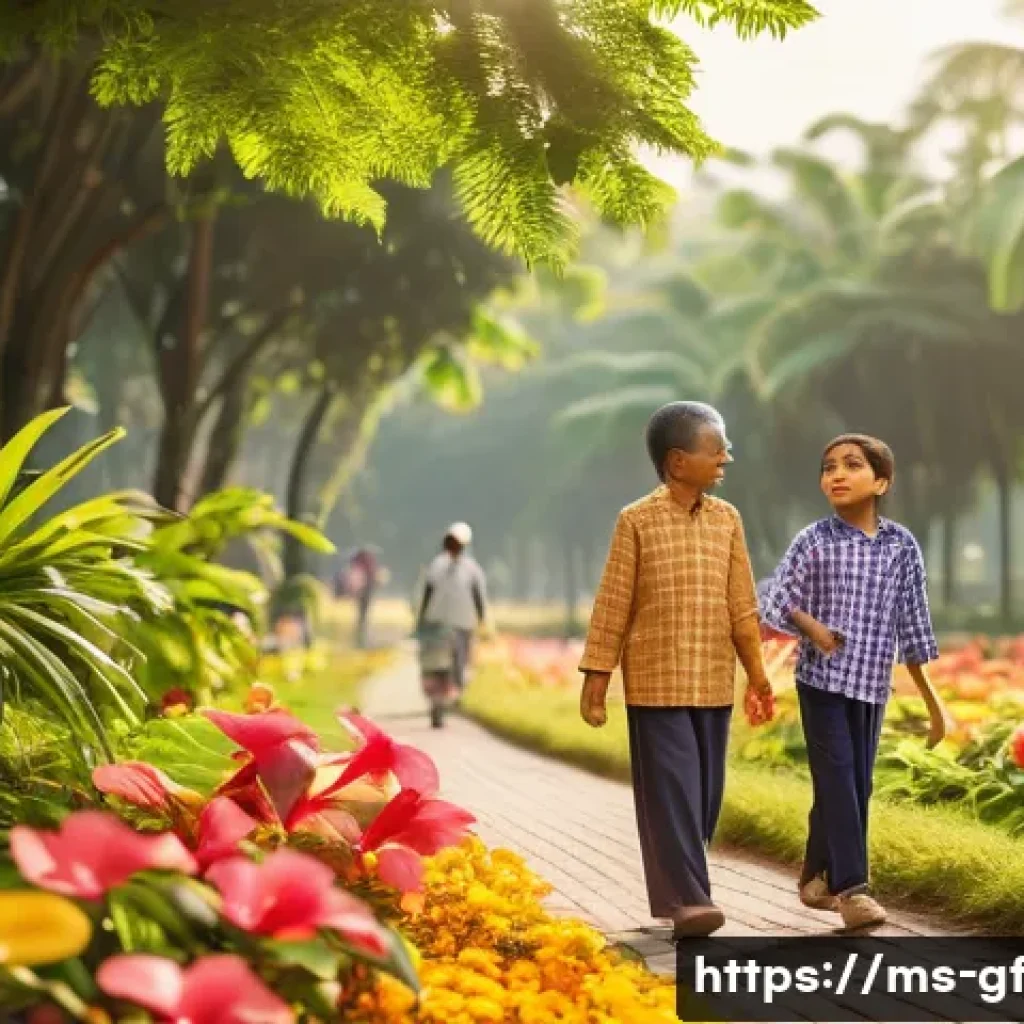 아웃도어 테라피의 대안적 접근법 - A serene Malaysian park scene during early morning with diverse people engaging in open-air therapy ...