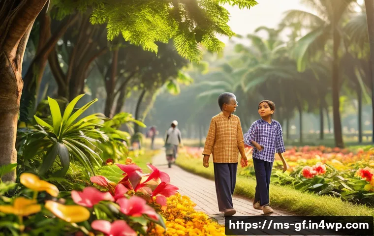 아웃도어 테라피의 대안적 접근법 - A serene Malaysian park scene during early morning with diverse people engaging in open-air therapy ...