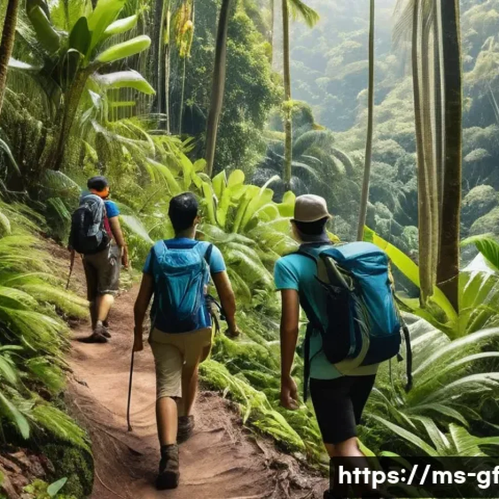 아웃도어 테라피와 새로운 인간관계 - A diverse group of Malaysian friends hiking together through a lush tropical rainforest, wearing cas...