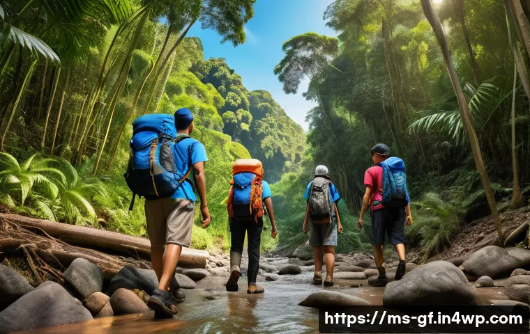 아웃도어 테라피를 위한 여행 일정 작성법 - A diverse group of Malay adults hiking together on a lush green trail in Taman Negara Pahang, Malays...