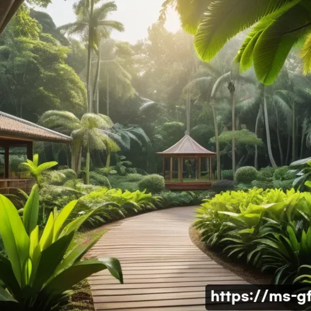 아웃도어 테라피와 스트레스 인식 - A serene Malaysian botanical garden in the early morning light, featuring lush green tropical plants...