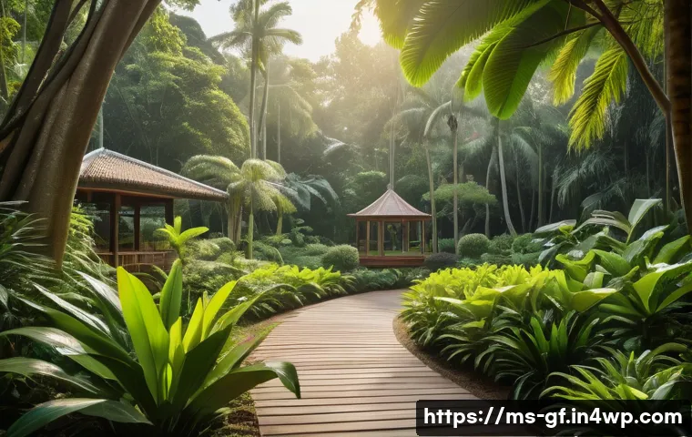 아웃도어 테라피와 스트레스 인식 - A serene Malaysian botanical garden in the early morning light, featuring lush green tropical plants...