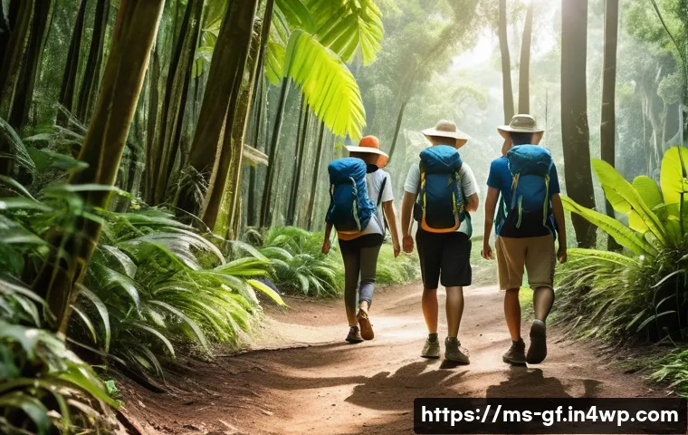 아웃도어 테라피 경험 후기 - A group of diverse adults in light, breathable outdoor sportswear and sturdy hiking shoes walking al...