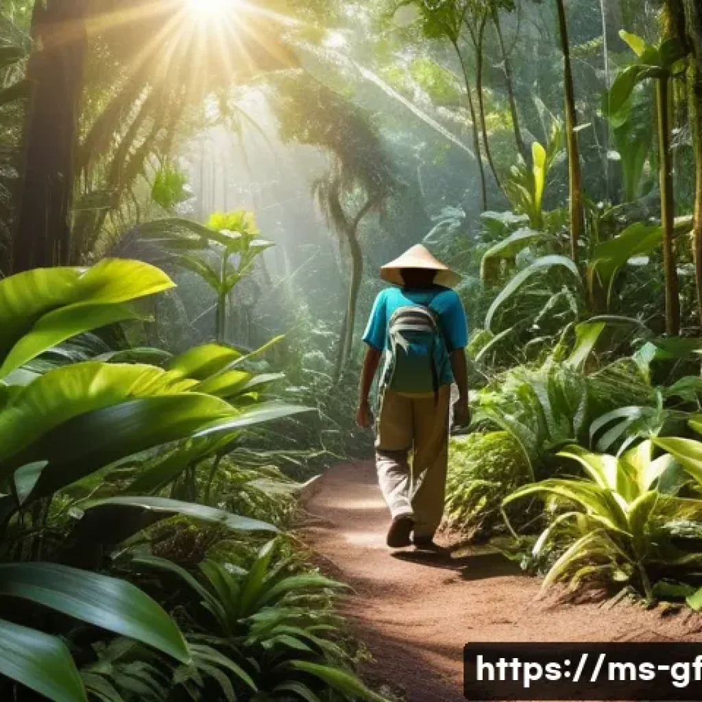 아웃도어 테라피와 자기 발견의 여정 - A serene Malaysian rainforest scene featuring a middle-aged Malay man walking along a shaded forest ...