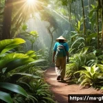 Home 22 아웃도어 테라피와 자기 발견의 여정 - A serene Malaysian rainforest scene featuring a middle-aged Malay man walking along a shaded forest ...