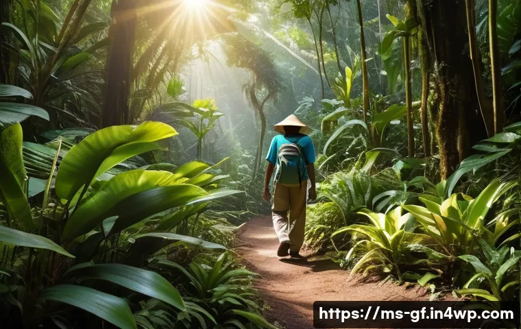 아웃도어 테라피와 자기 발견의 여정 - A serene Malaysian rainforest scene featuring a middle-aged Malay man walking along a shaded forest ...