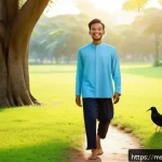 Home 21 아웃도어 테라피로 우울증 극복하기 - A serene early morning scene in a lush Malaysian park, featuring a young Malay man wearing light, br...