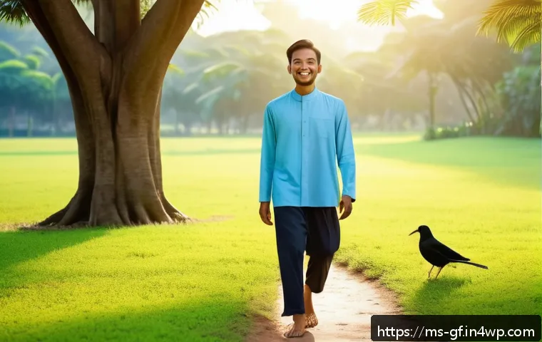 아웃도어 테라피로 우울증 극복하기 - A serene early morning scene in a lush Malaysian park, featuring a young Malay man wearing light, br...