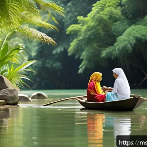 Home 32 아웃도어 테라피의 과거와 미래 - A serene Malaysian riverside scene featuring a Malay family engaging in traditional outdoor therapy:...