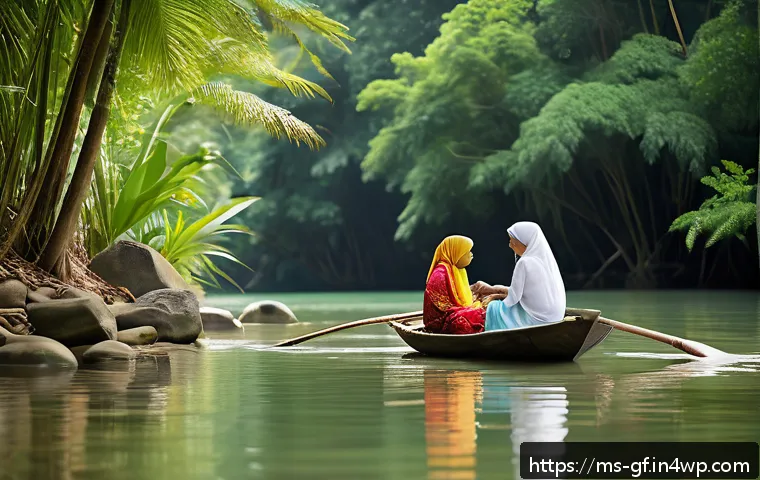 아웃도어 테라피의 과거와 미래 - A serene Malaysian riverside scene featuring a Malay family engaging in traditional outdoor therapy:...