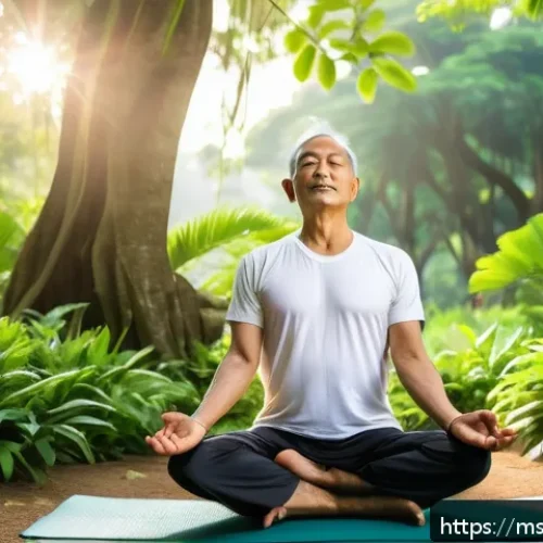 Home 31 아웃도어 테라피와 요가의 시너지 효과 - A serene morning scene in a lush Malaysian park featuring a middle-aged Malay man practicing yoga on...
