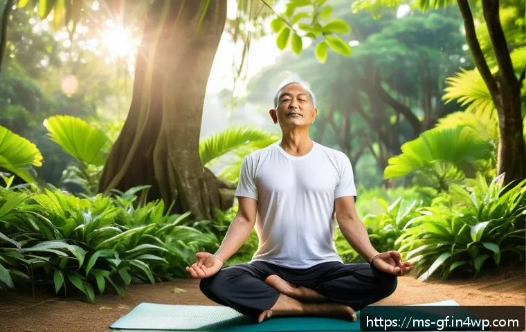 아웃도어 테라피와 요가의 시너지 효과 - A serene morning scene in a lush Malaysian park featuring a middle-aged Malay man practicing yoga on...