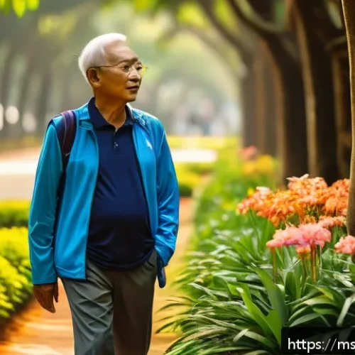 Home 30 아웃도어 테라피에 대한 고찰 - A serene morning scene in a lush Malaysian park with a middle-aged Malay man taking a leisurely 30-m...