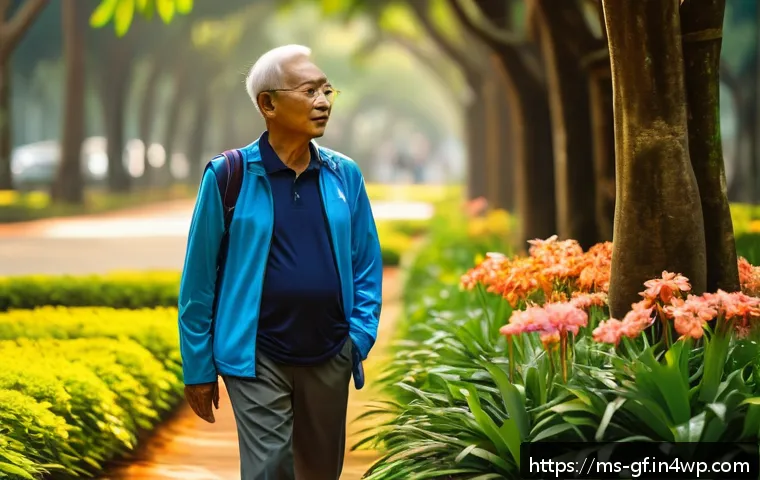 아웃도어 테라피에 대한 고찰 - A serene morning scene in a lush Malaysian park with a middle-aged Malay man taking a leisurely 30-m...