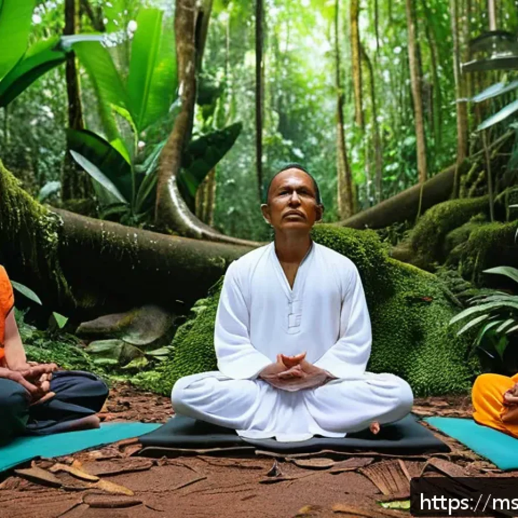 아웃도어 테라피의 문화적 차이 - A serene outdoor therapy session with indigenous Orang Asli participants meditating peacefully in a ...
