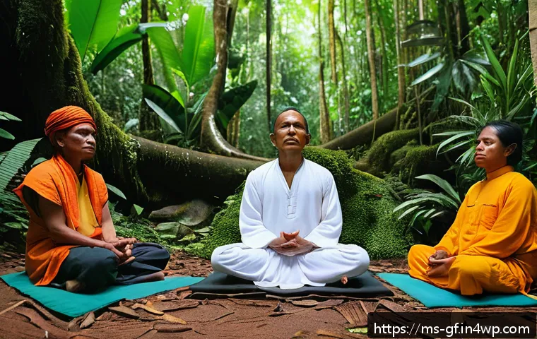 아웃도어 테라피의 문화적 차이 - A serene outdoor therapy session with indigenous Orang Asli participants meditating peacefully in a ...