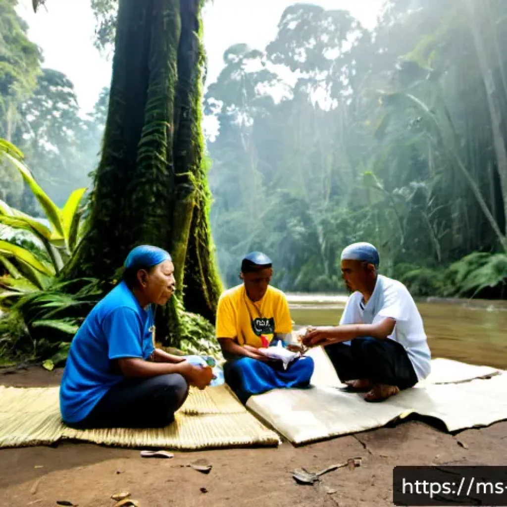 아웃도어 테라피의 사회적 책임 - Photorealistic documentary-style scene in a Malaysian rainforest community reserve, a diverse group ...