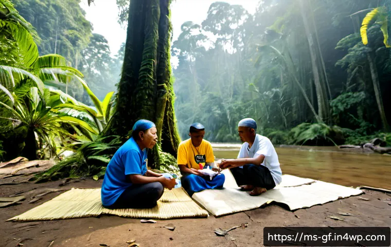 아웃도어 테라피의 사회적 책임 - Photorealistic documentary-style scene in a Malaysian rainforest community reserve, a diverse group ...